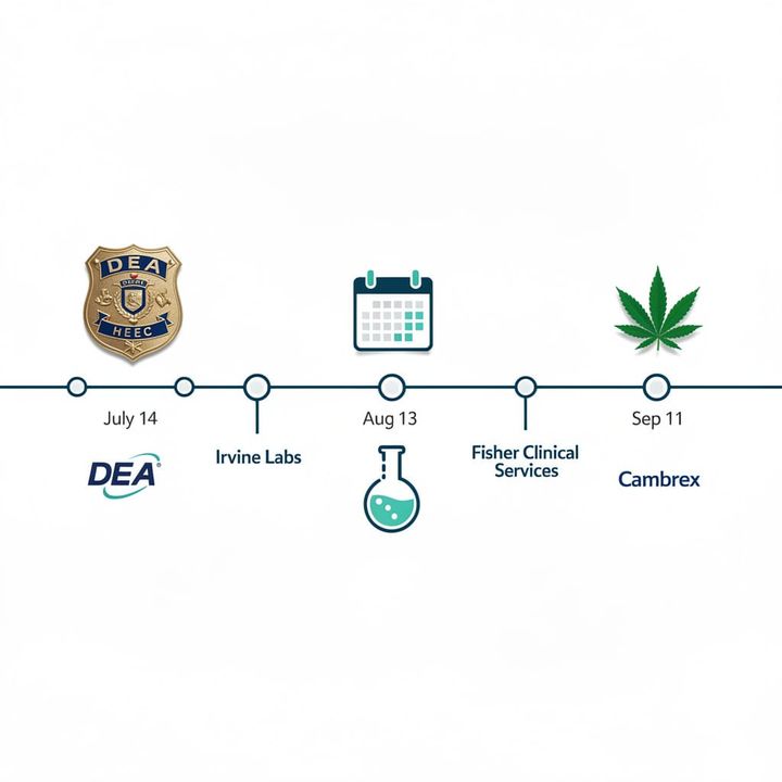 DEA seal in an office hallway with a glass door to a pharmaceutical lab in the background