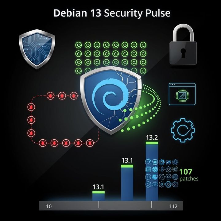 Debian 13 Trixie terminal showing patch logs and security advisories across multiple point releases