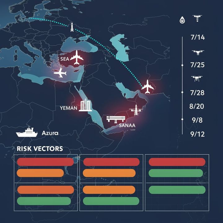 Map of Red Sea and Bab al-Mandab strait with aircraft and conflict zone overlays