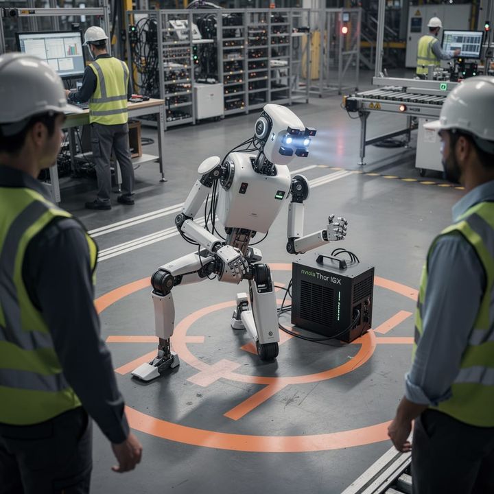 Agility Robotics' Digit 5 humanoid robot seated in a failsafe position on a factory floor with a person standing nearby.