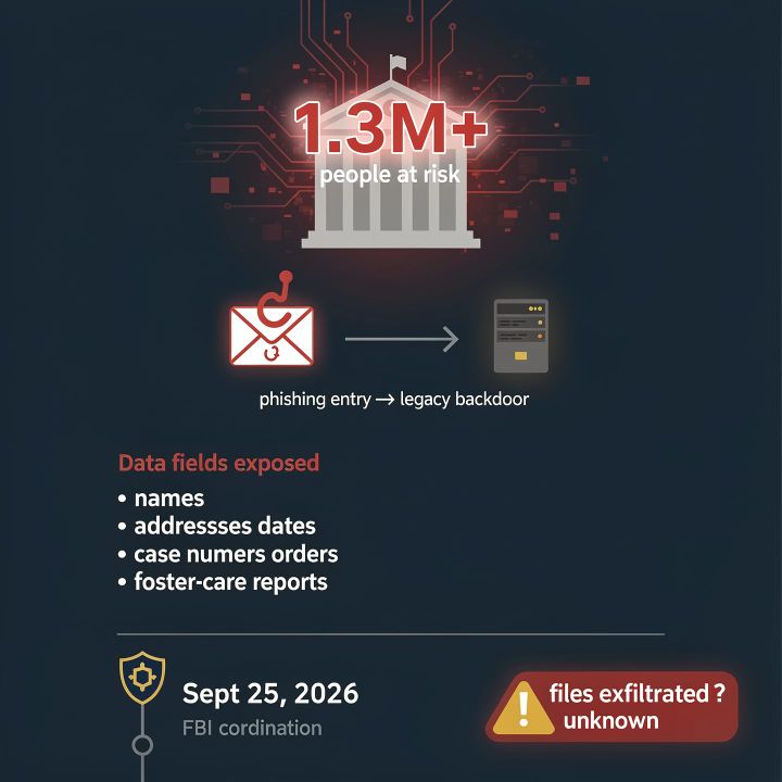Arizona state courts building with a cybersecurity warning graphic overlay.