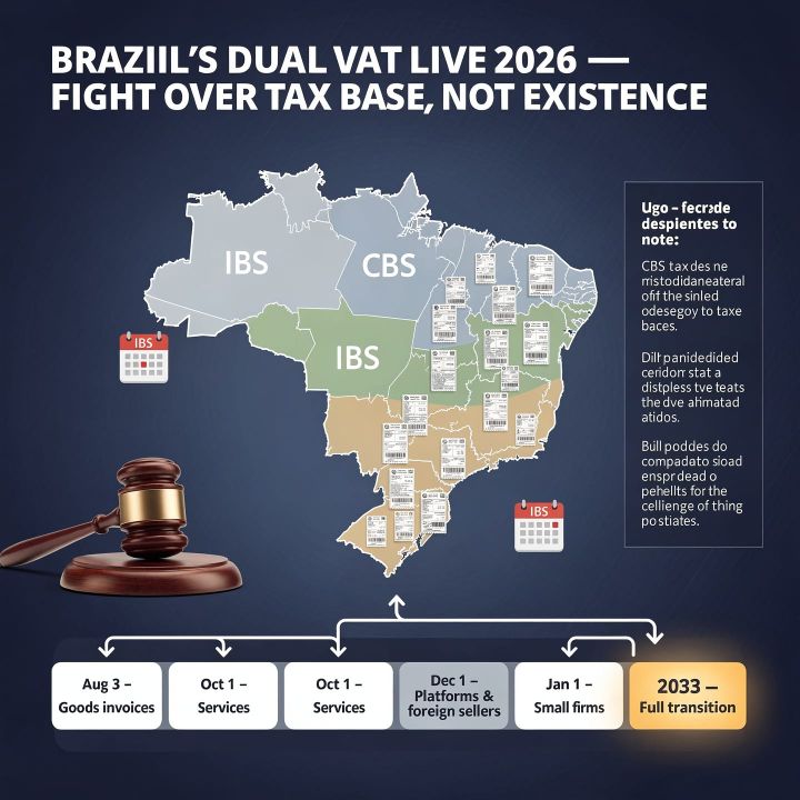 Overhead view of a printed Brazilian invoice with CBS and IBS tax lines beside a gavel on a wooden desk