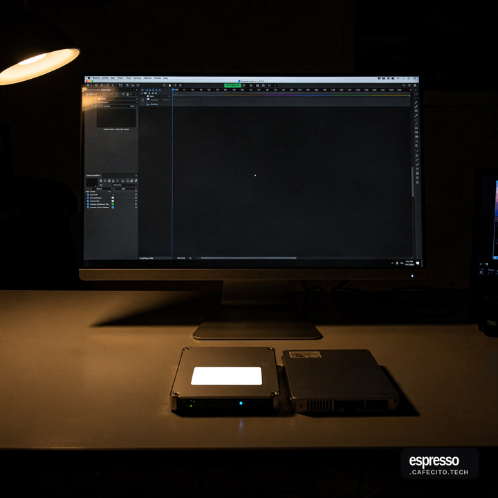 Empty video editing timeline with clips removed beside a hard drive holding raw unedited footage