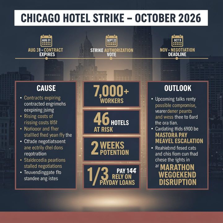 Striking hotel workers holding picket signs outside a Chicago Hilton on the sidewalk