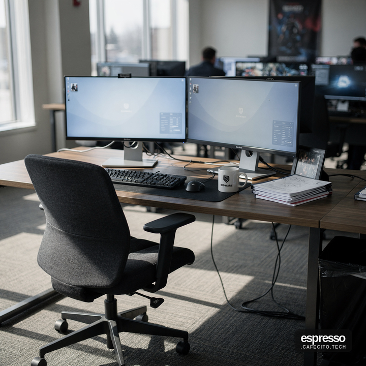 Empty office desks and monitors at a game studio following Electronic Arts' closure of BioWare.