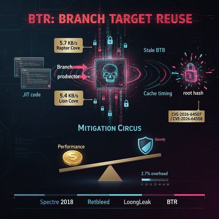 Diagram of a CPU Branch Target Buffer with a highlighted stale-entry misprediction leaking data to an attacker.