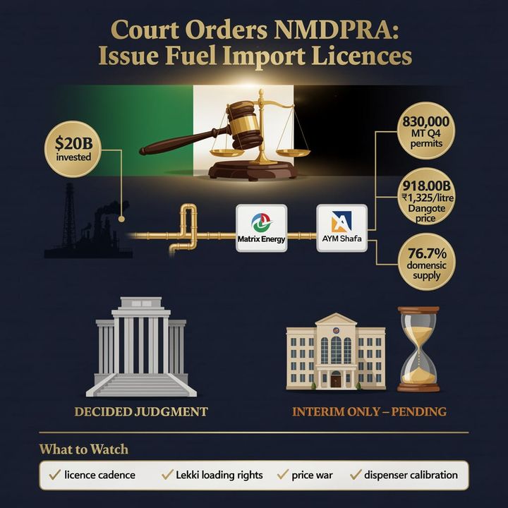Gavel and legal documents on a desk in a Nigerian federal courtroom, with a fuel import licence visible.