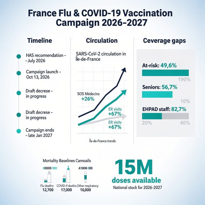 Illustration of a vaccine vial and syringe beside a rising line graph of SARS-CoV-2 circulation in France.