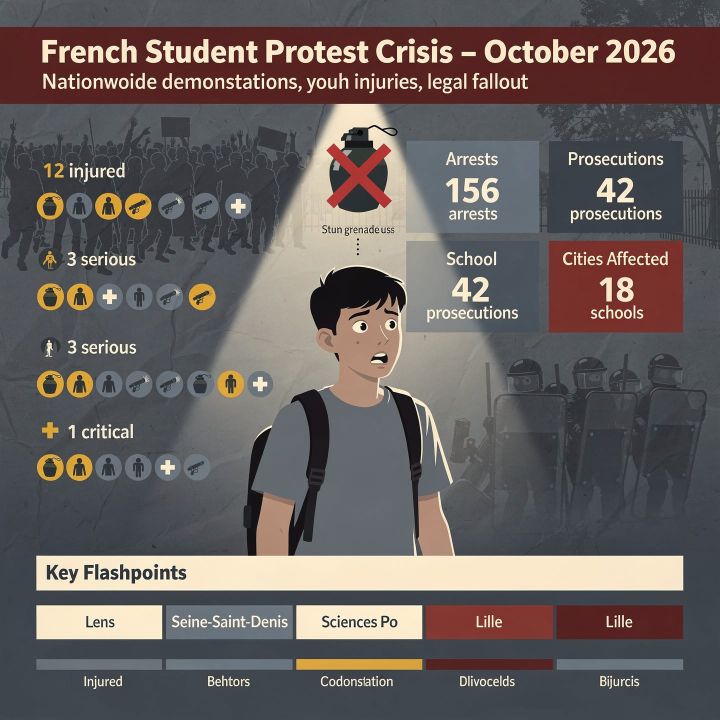 Police officers standing in a line near a French high school amid the student demonstrations.