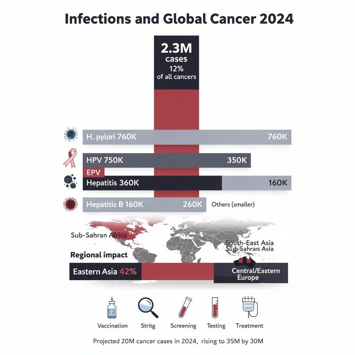 Infographic map showing regional share of infection-attributable cancer cases worldwide