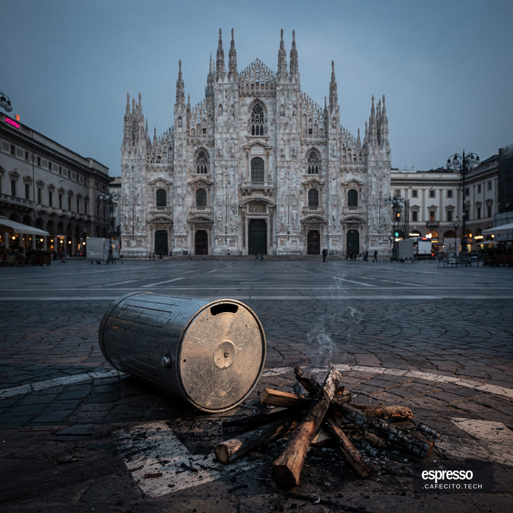 Riot police standing in central Milan at night after two nights of disturbances in which shops were damaged and bins burned