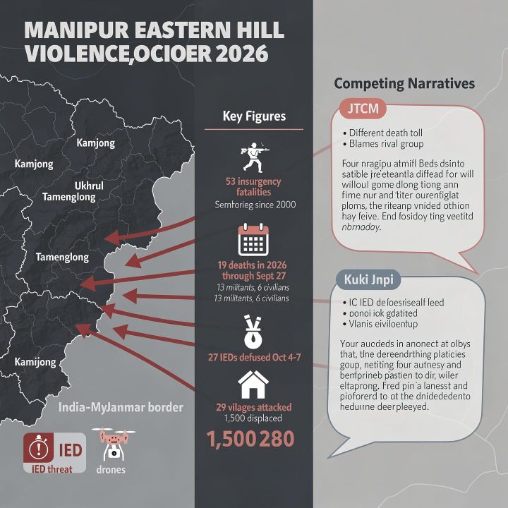 Smoke rising over hills in Manipur as armed attacks spread across eastern districts.
