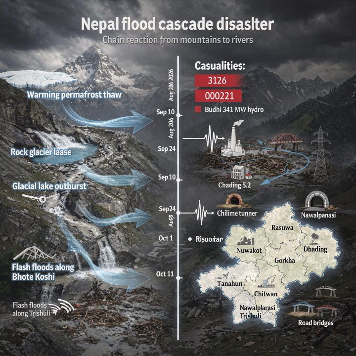 Floodwater and debris filling the Trishuli river valley in Gorkha District, Nepal