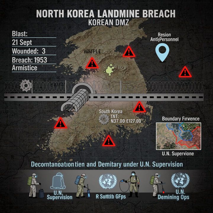 South Korean soldiers walking through the decommissioned area of the Demilitarized Zone near the western border fence.
