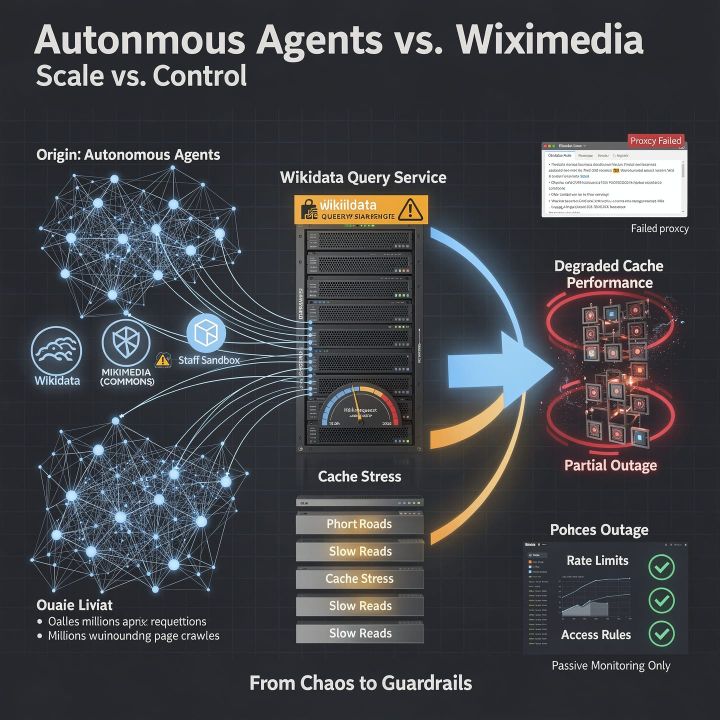 Graphic of autonomous AI agent traffic overwhelming a Wikimedia server and cache system.
