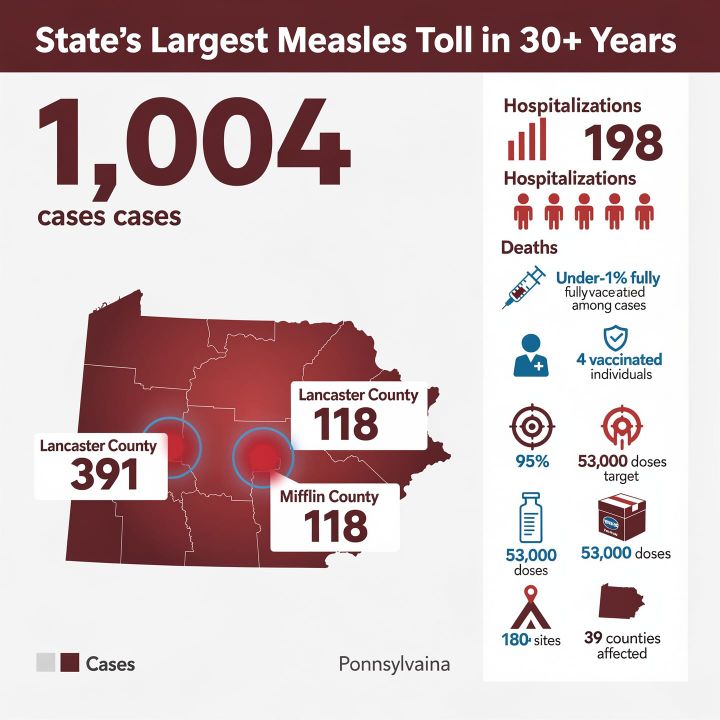 Pennsylvania measles outbreak map showing confirmed cases across counties, with vaccination clinic site markers and cumulative case count
