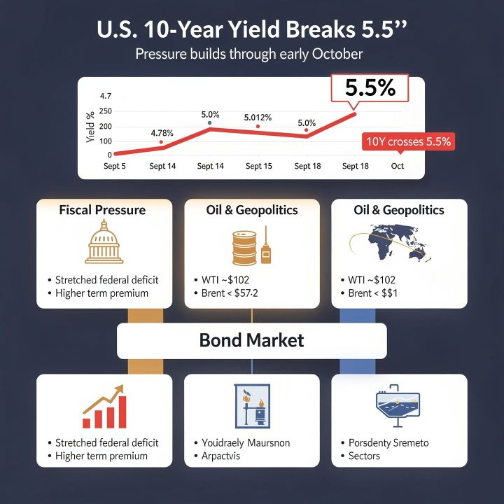 Chart of rising U.S. 10-year Treasury yields crossing 5.5%
