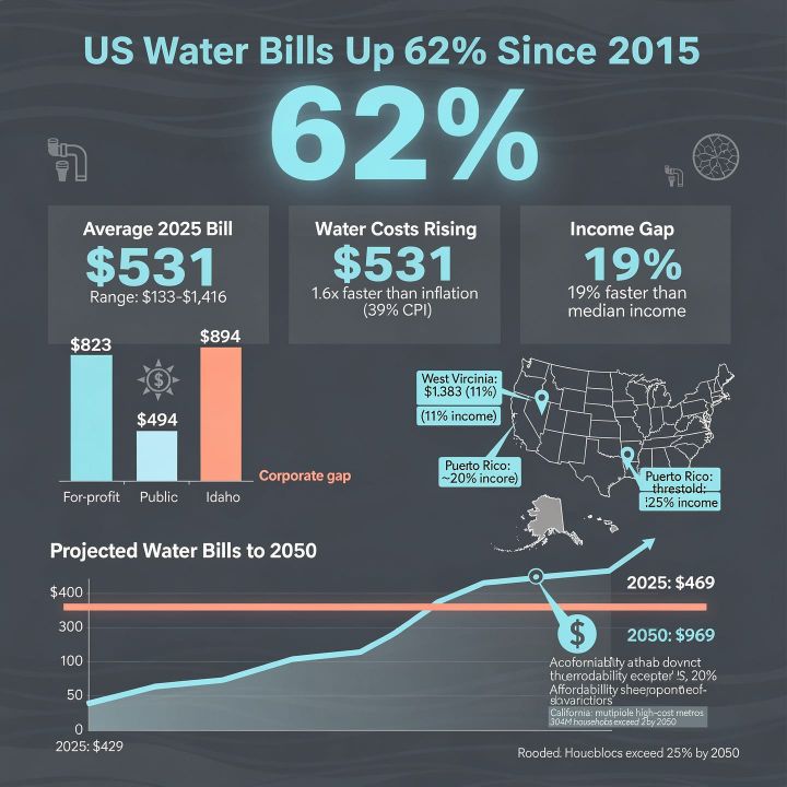 Graph showing household water bill increases across US cities since 2015