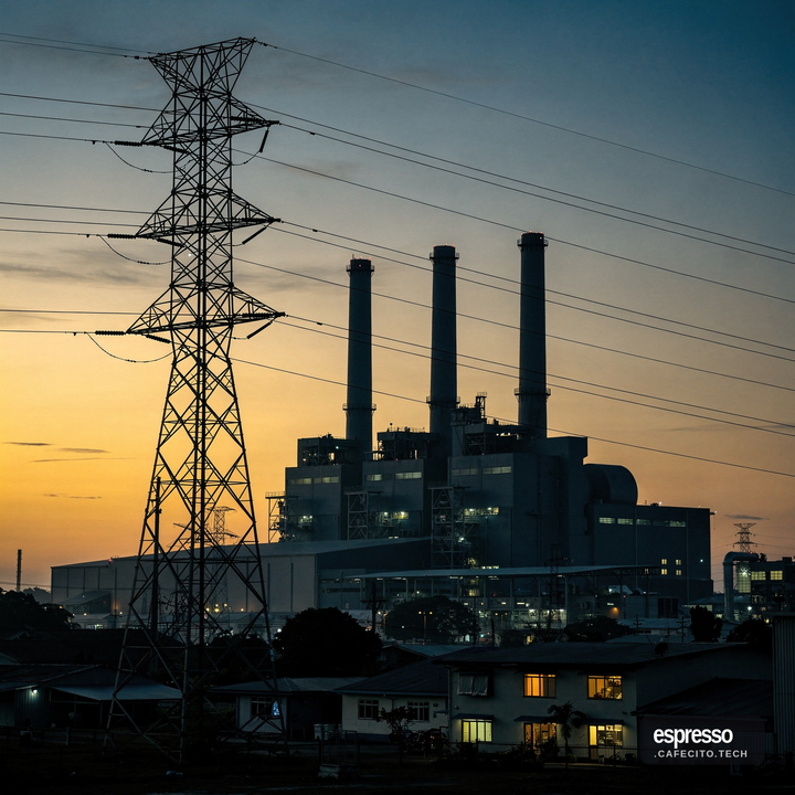Transmission towers at dusk with a power plant in the background