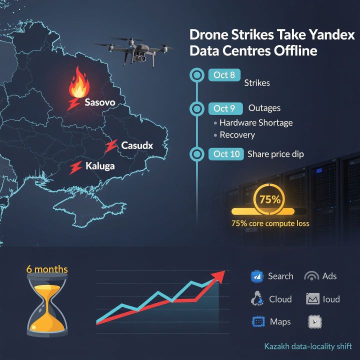 Diagram of Yandex data centre sites in Sasovo, Kaluga and Vladimir marked with strike dates across Oct. 8-11 and a list of affected services.