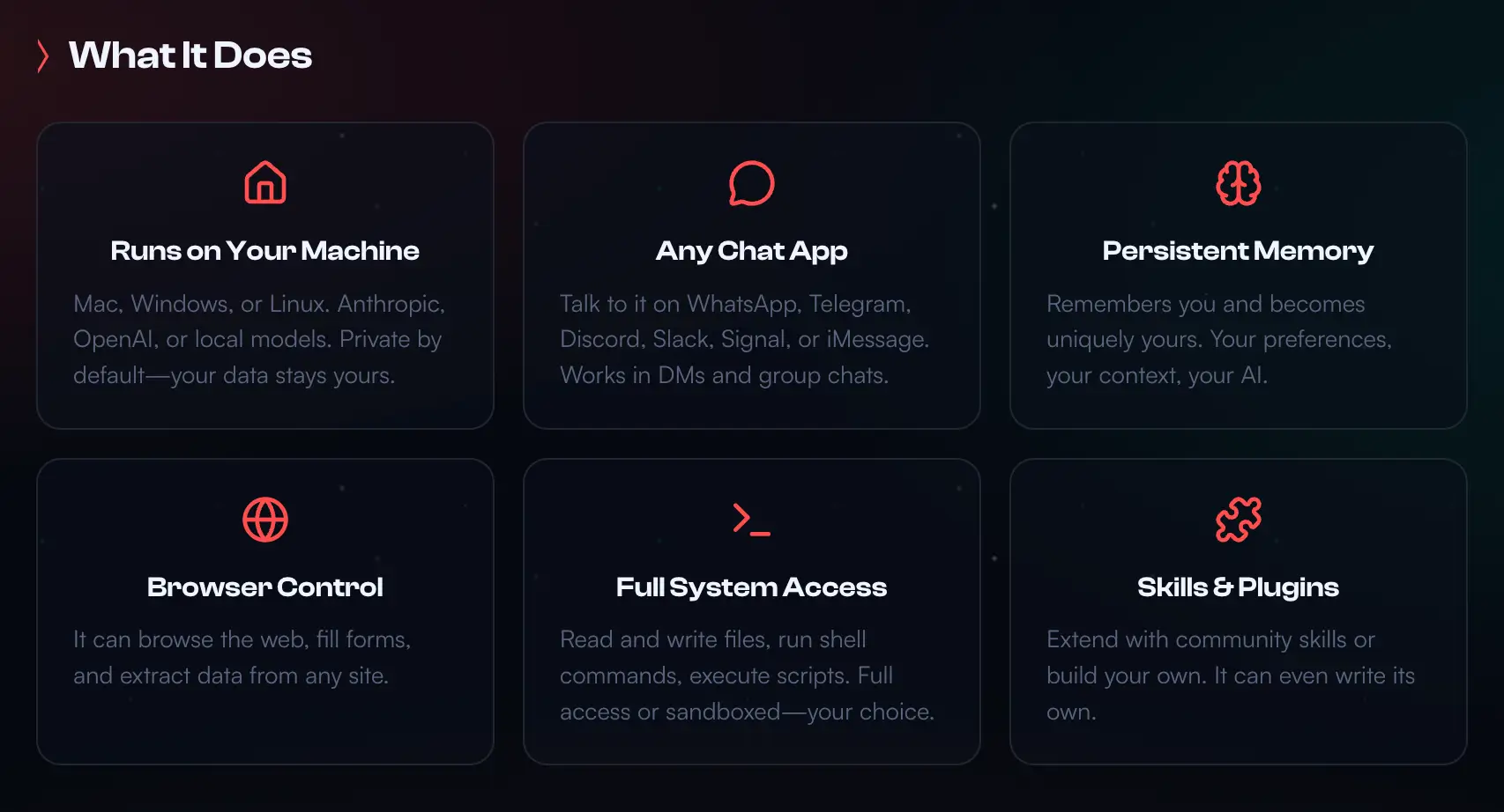 The image shows another section of a dark-themed website titled “What It Does.” It presents six feature cards explaining the capabilities of a software tool. Each card has a red icon, a title, and a short description.