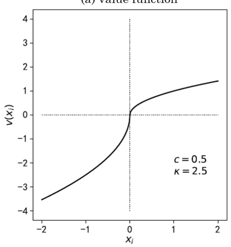 Prospect-theory value function, concave over gains and convex and steeper over losses, with c equal to 0.5 and kappa equal to 2.5