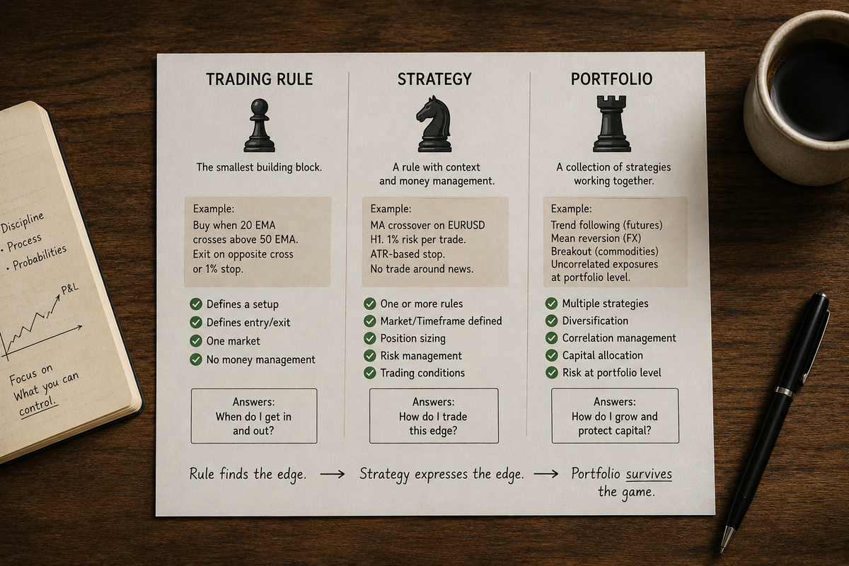 The Difference Between a Trading Rule, a Strategy, and a Portfolio