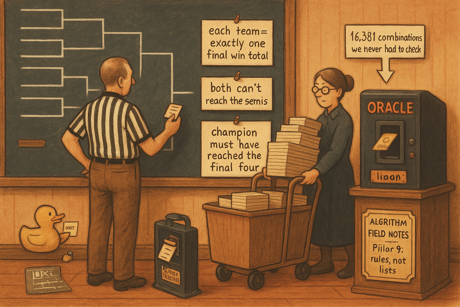 9.10 Trillions of Outcomes, 200 Constraints: Reading Tournament Rules as Assert Statements