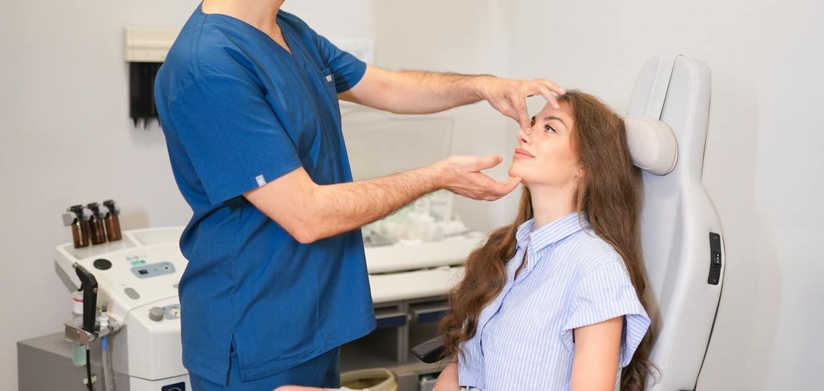 A plastic surgeon examines a patient's nose in a modern clinic setting in Istanbul.