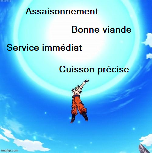 Son Goku avec une poule d'énergie qui contient l'assaisonnement, la bonne viande, le service immédiat et la cuisson précise.