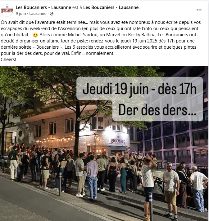 Une capture d'écran d'un post Facebook des boucaniers qui annonce leur fermeture.