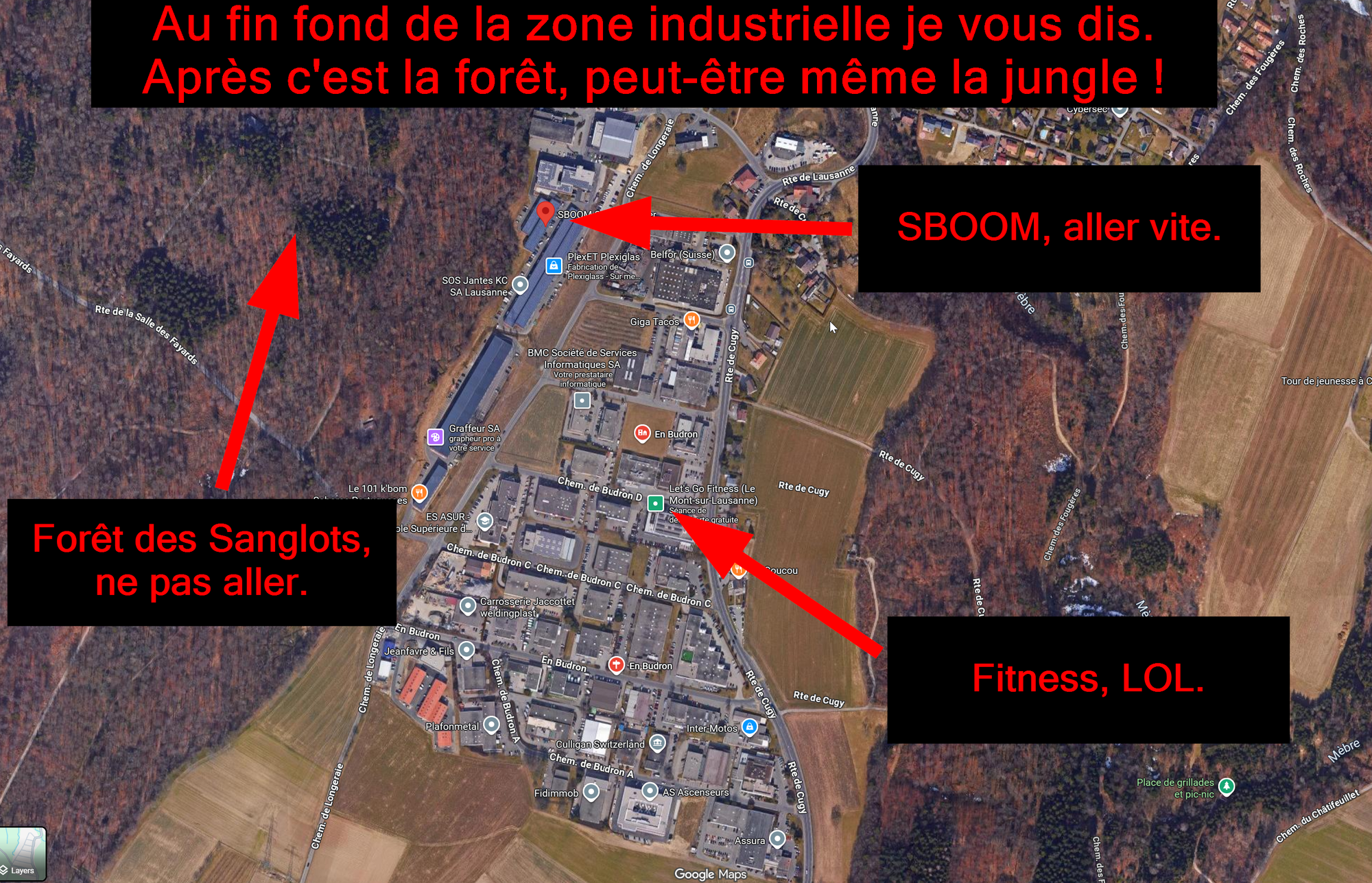 Carte humoristique de la zone industrielle du Mont-sur-Lausanne