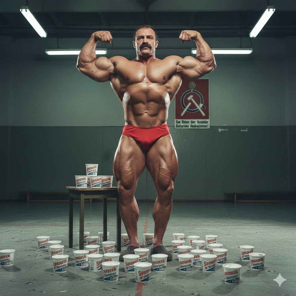 Un athlète Est-Allemand entouré de pots de séré, généré par l'intelligence artificielle.