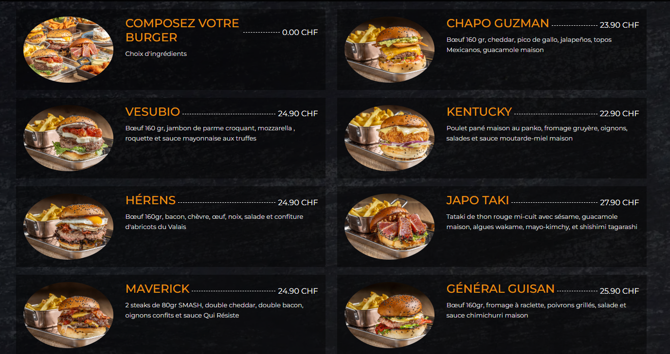 Menu des burgers de Qui Résiste