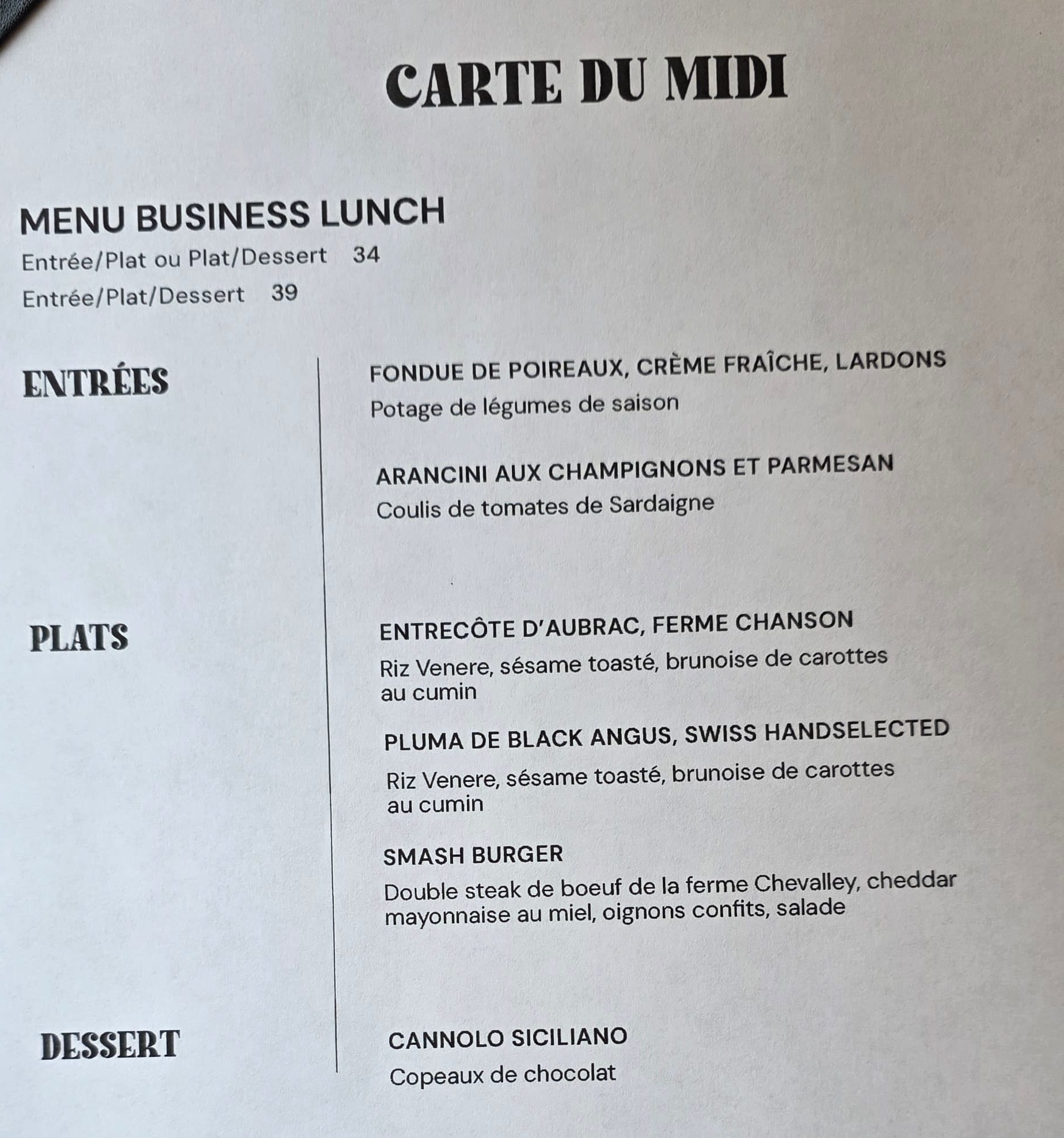 Carte de midi chez Pepper à Lausanne.