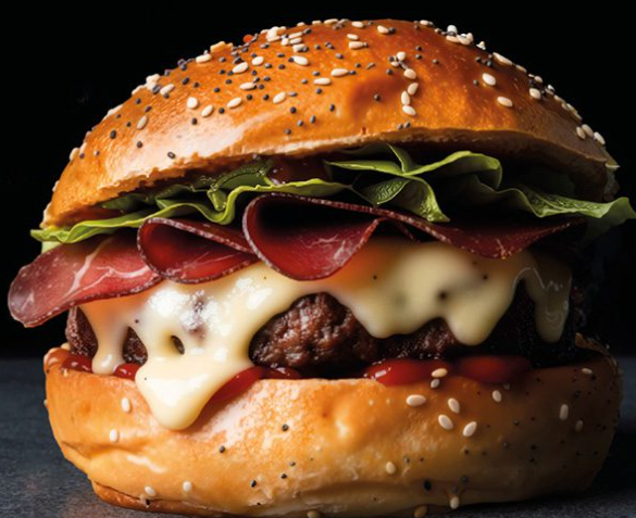 Images publicitaires d'un burger à la viande séchée de chez Holy Cow.