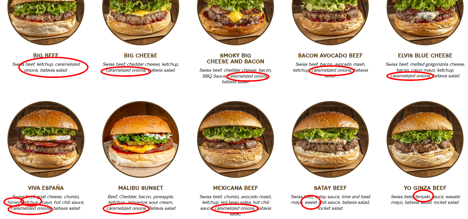 Menu de Holy Cow avec l'omniprésence des oignons caramélisés mis en évidence.