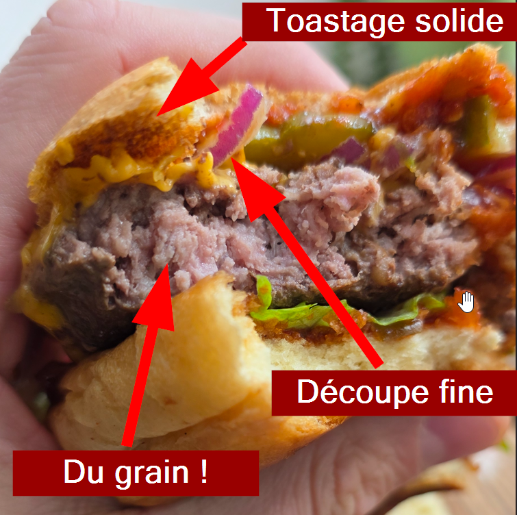 Gros plan sur la viande et les garnitures d'un burger de chez Green Van.