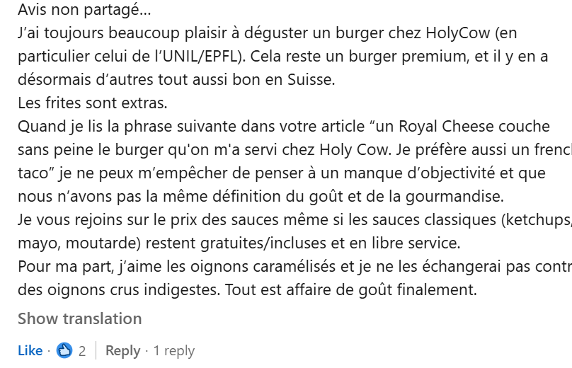 Commentaire LinkedIn sur Holy Cow