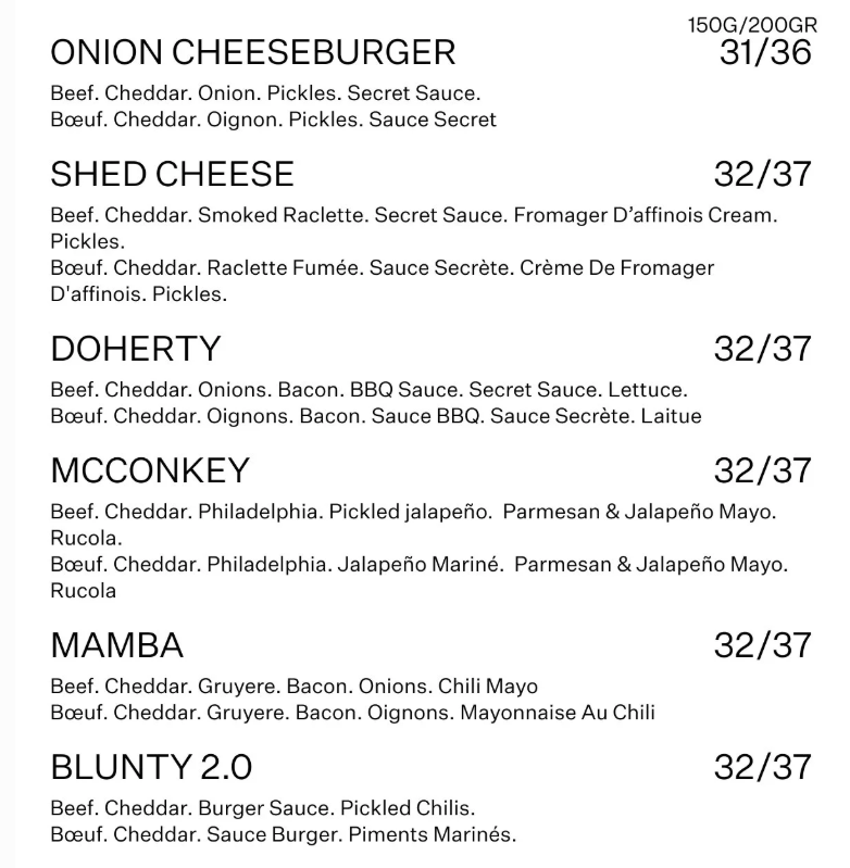 Menu de Shed à Verbier.