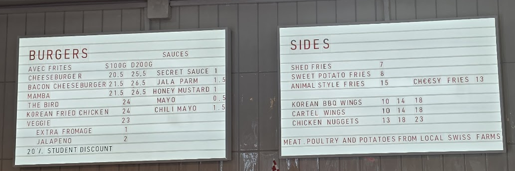 Menu de Shed à Pully.
