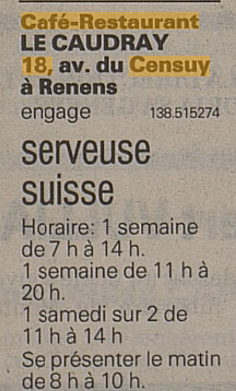 Annonce pour une recherche de serveuse pour le restaurant Le Caudray à Renens