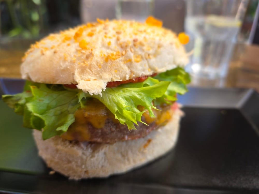 Gros plan sur un hamburger au fromage du Zoo Burger à Lausanne.