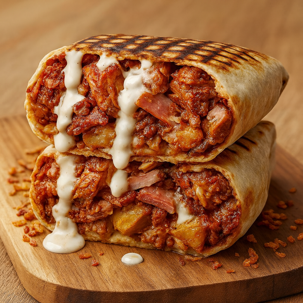 Un french tacos coulant sur une planche en bois