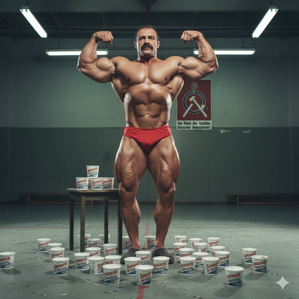 Un athlète est allemand qui mange du Quark. 