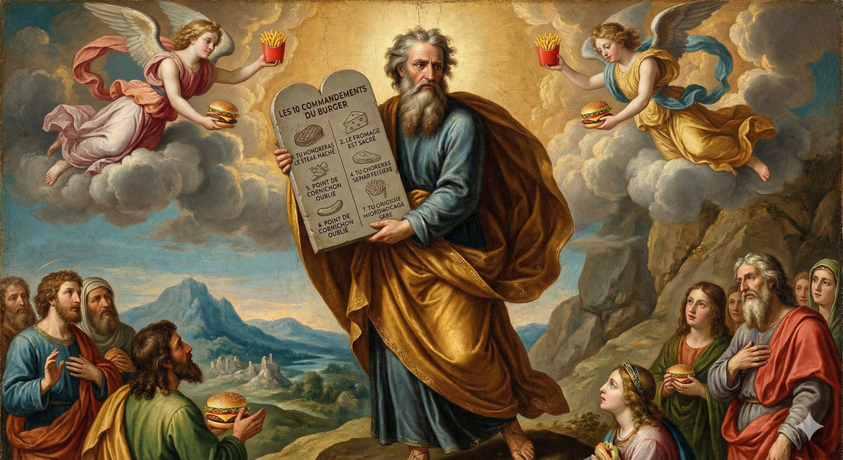 Mème humoristique des dix commandements du burger. 