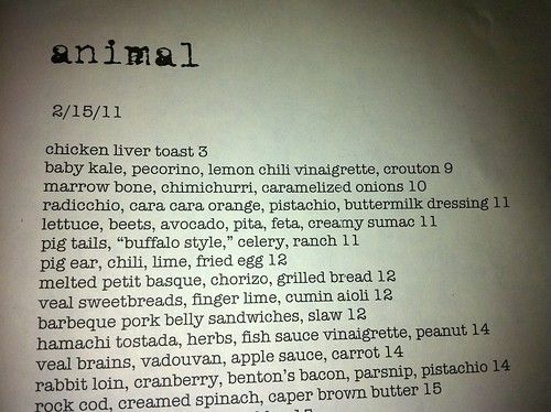 Menu at Animal