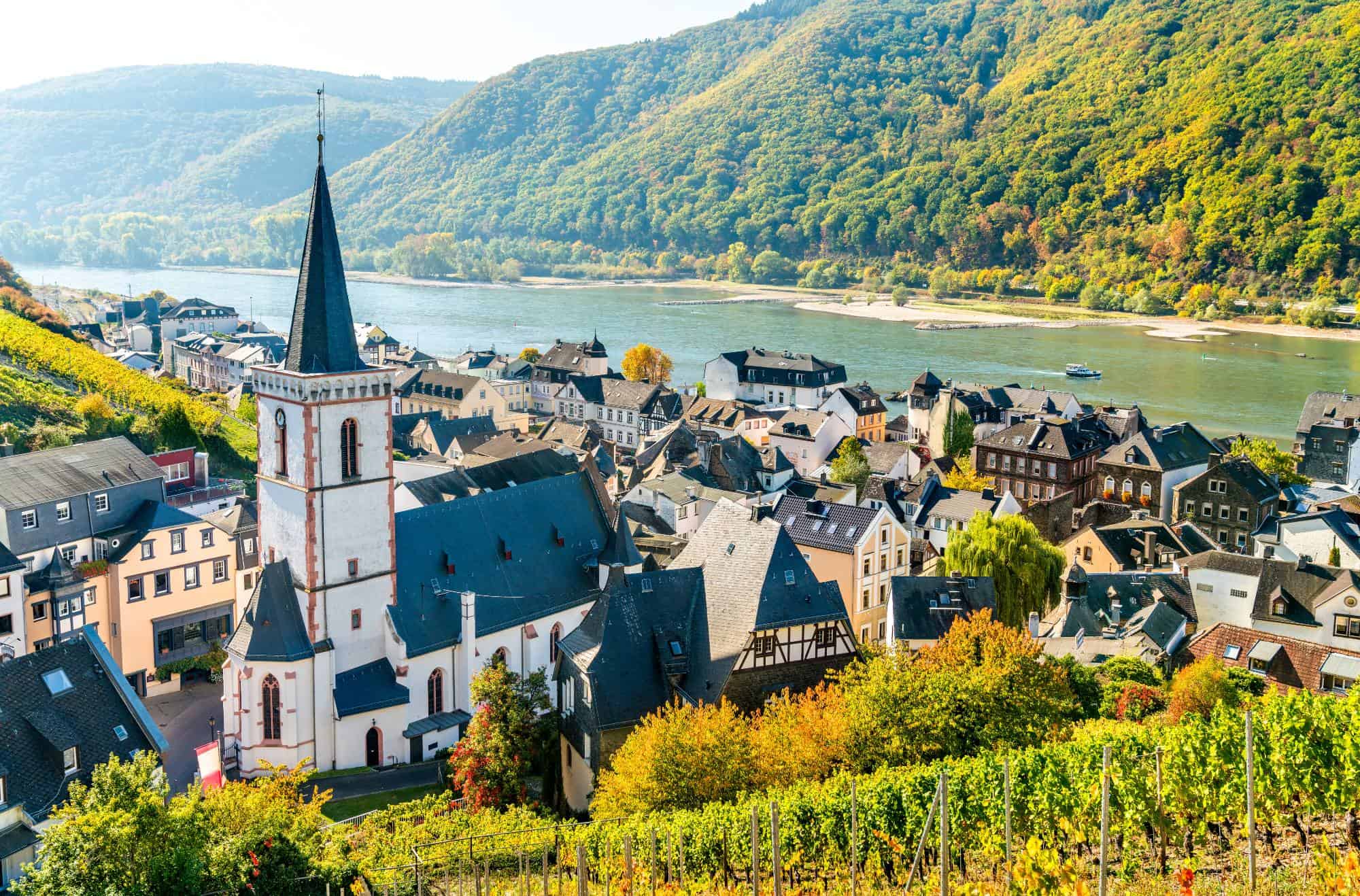 Assmannshausen, the Upper Middle Rhine Valley in Germany - a pretty town on a river bank