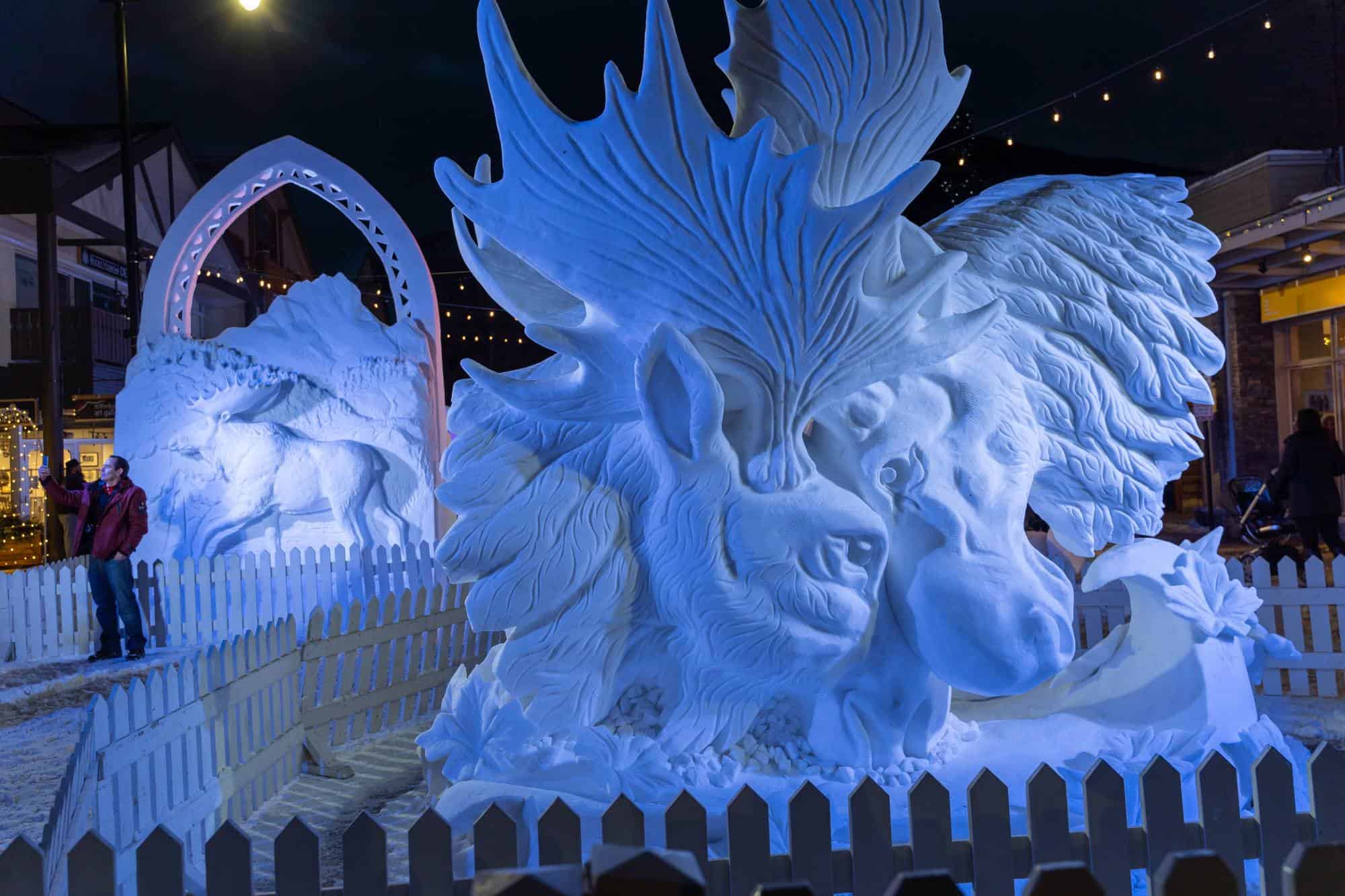 Beautiful snow sculpture of two moose butting heads, at the Banff Snow Days International Snow Carving Competition