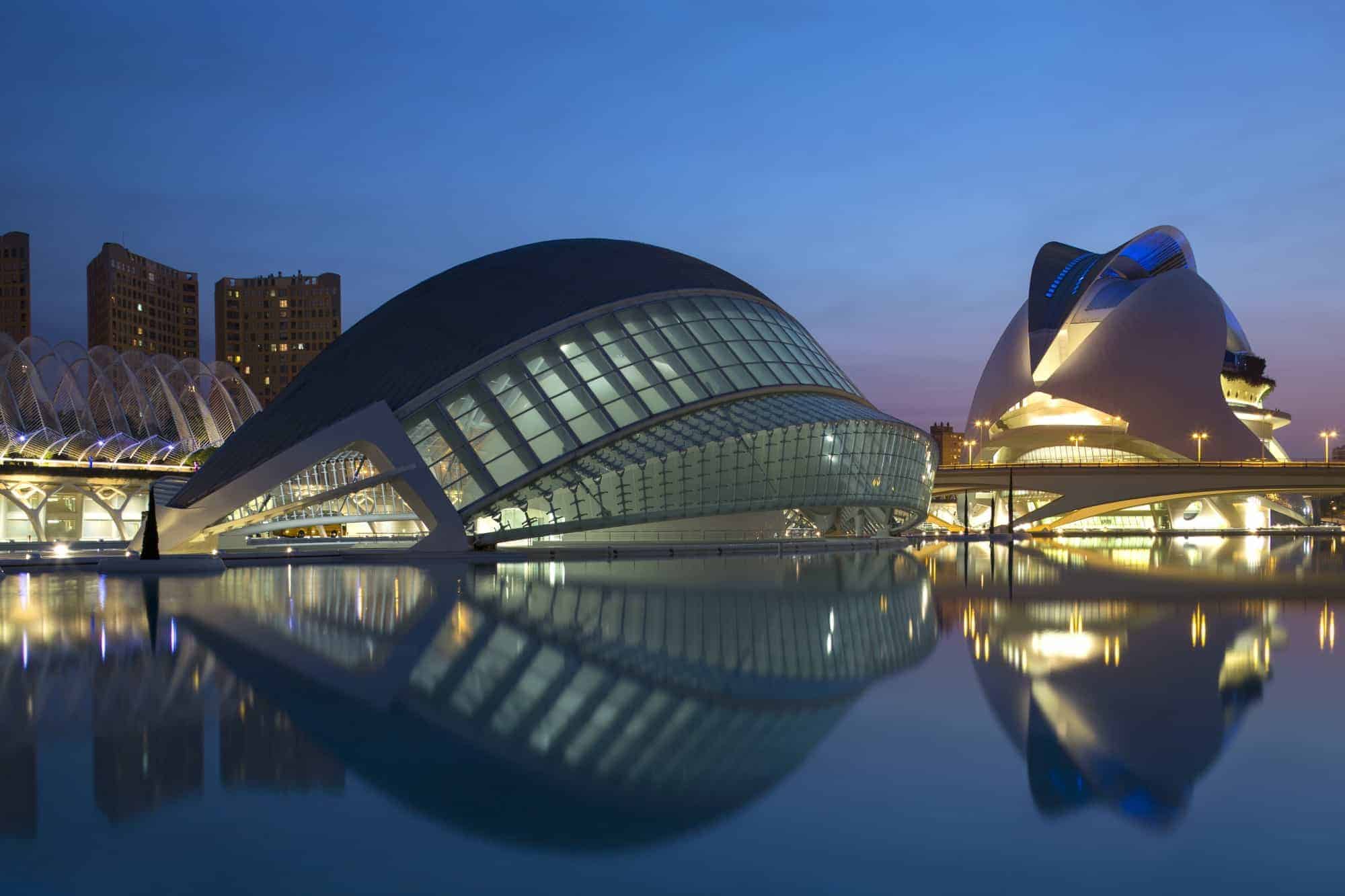 These futuristic-looking buildings are a part of the City of Arts and Sciences in Valencia.